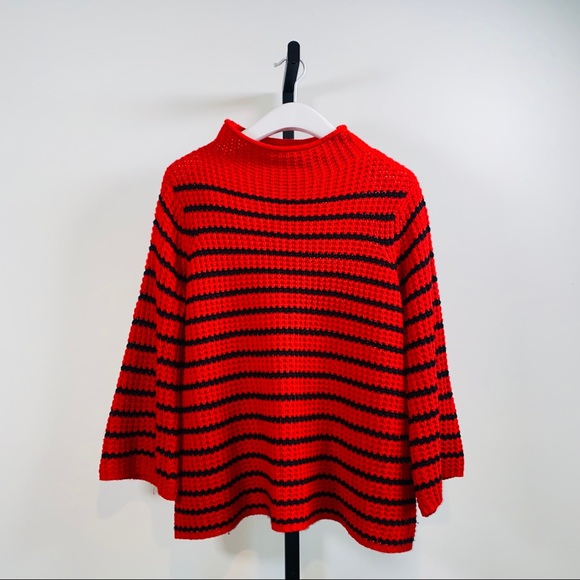 New Direction Red &  Black Stripe Mock Neck Knit Flare Sweater Size L - Picture 3 of 11